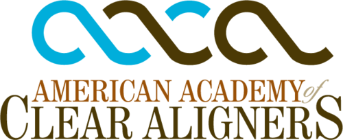 The image features a logo with the text AMERICAN ACADEMY CLEAR ALIGNERS and includes an emblem resembling a stylized letter A with a loop, set against a background that appears to be a gradient of blue tones.
