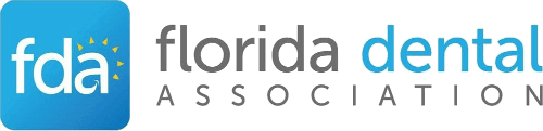 The image is a logo with the text FDA FLORIDA DENTAL ASSOCIATION and features a stylized letter D in blue and a toothbrush icon in white.